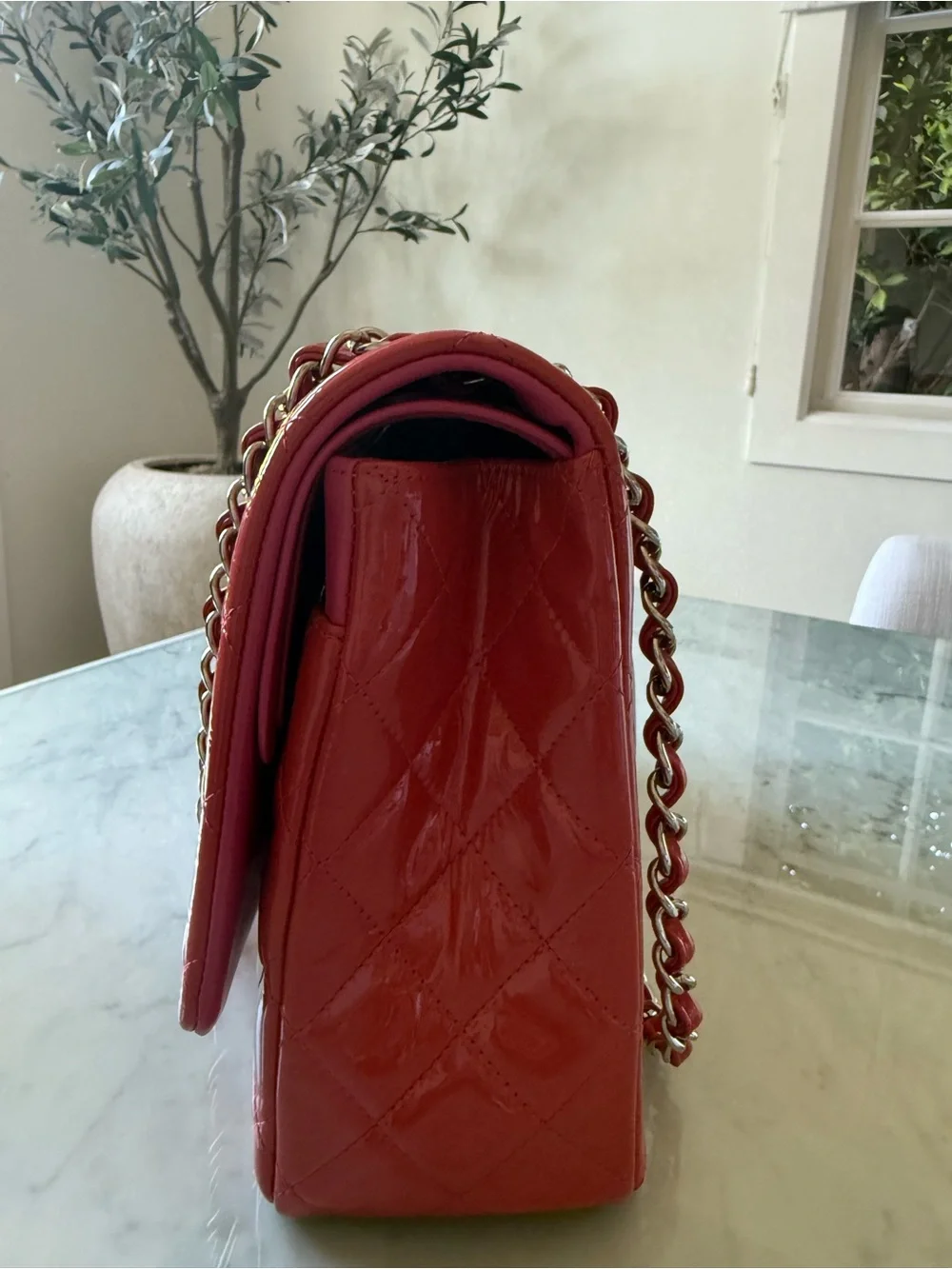 CHANEL Pink Quilted Patent Leather Shoulder Bag with Chain Strap
